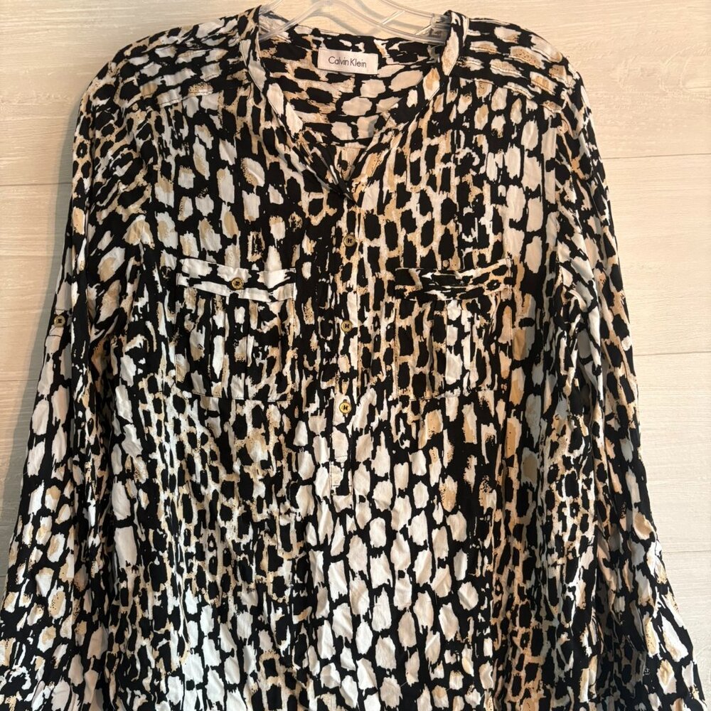 Calvin Klein Black Beige Animal Print Long Roll Tab Sleeves Buttons Up Shirt